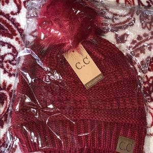 C.C Women's Knit Beanie Set - Burgundy  with Pom Poms